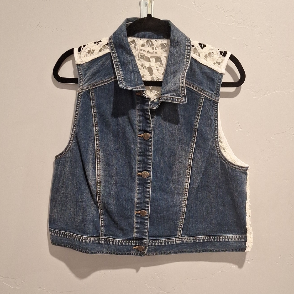 Indigo Thread Co Denim and Lace Silver Button  Down Vest